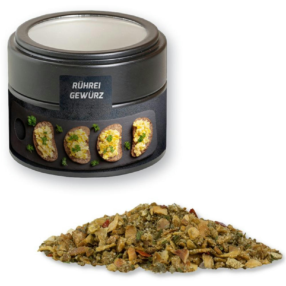 Gewürzmischung Rühreigewürz, ca. 60g, Metalldose Mini mit Sichtfenster schwarz Werbeartikel