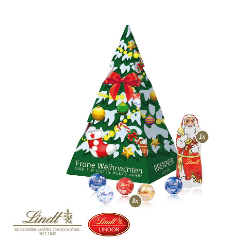 Product image Präsent Weihnachtsbaum in Tannenbaumform mit Firmenlogo bedruckt, gefüllt mit 1 Lindt Weihnachtsmann und 8 Lindt Minis