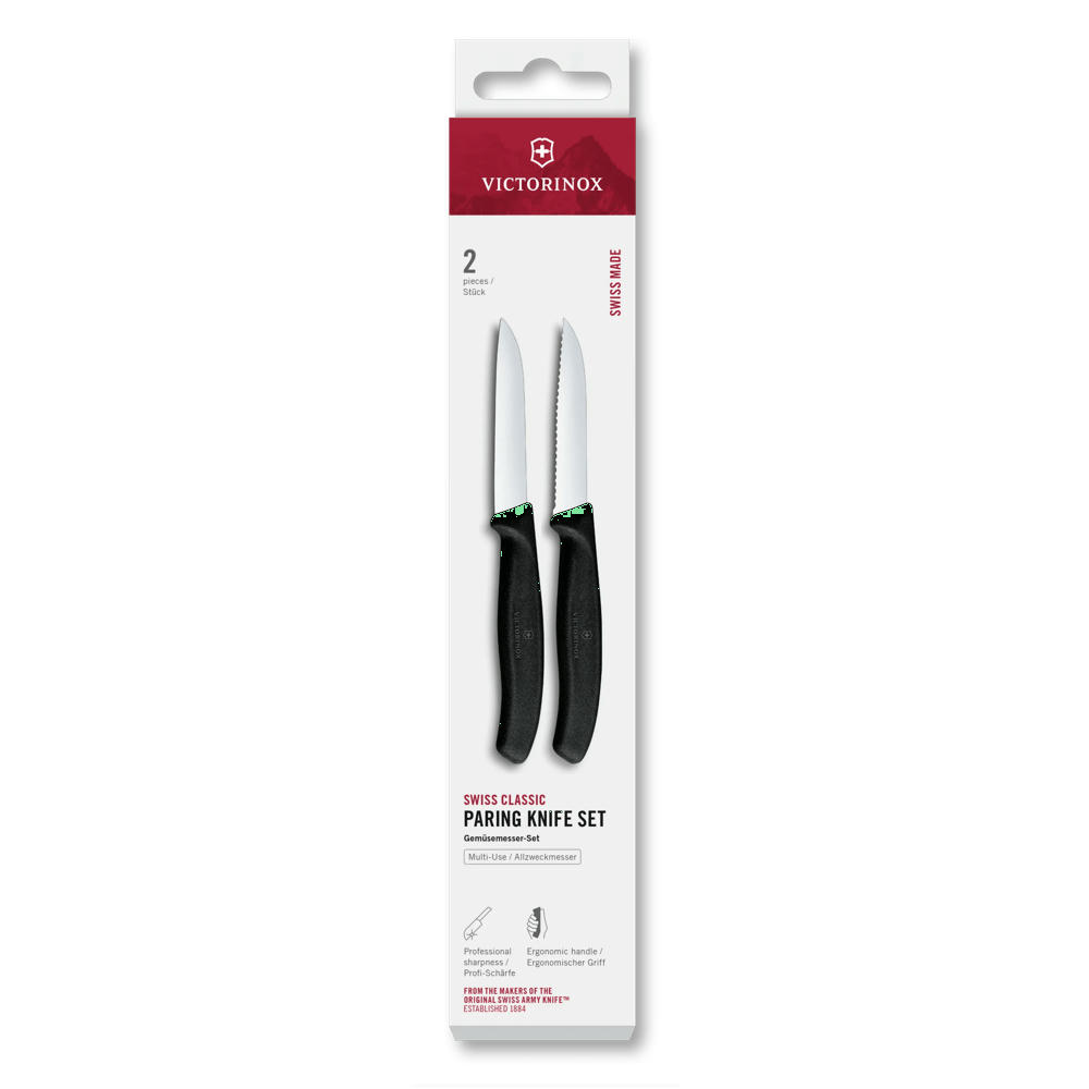 Swiss Classic Gemüsemesser Set 2-teilig, 8 cm, gerade und wellenförmig, schwarzer Griff