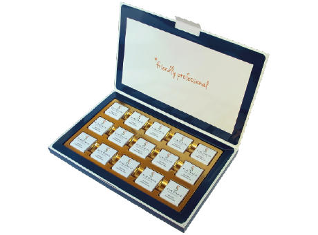 Product image Geschenkbox befüllt mit 15 x 5 Gramm Schokoladennapolitans aus feinster Belgischen Barry Callebaut Milchschokolade Werbeartikel