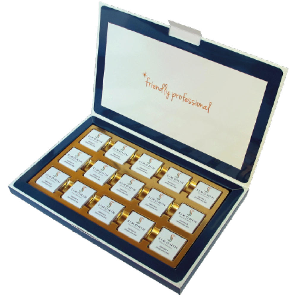 Product image Geschenkbox befüllt mit 15 x 5 Gramm Schokoladennapolitans aus feinster Belgischen Barry Callebaut Milchschokolade Werbeartikel