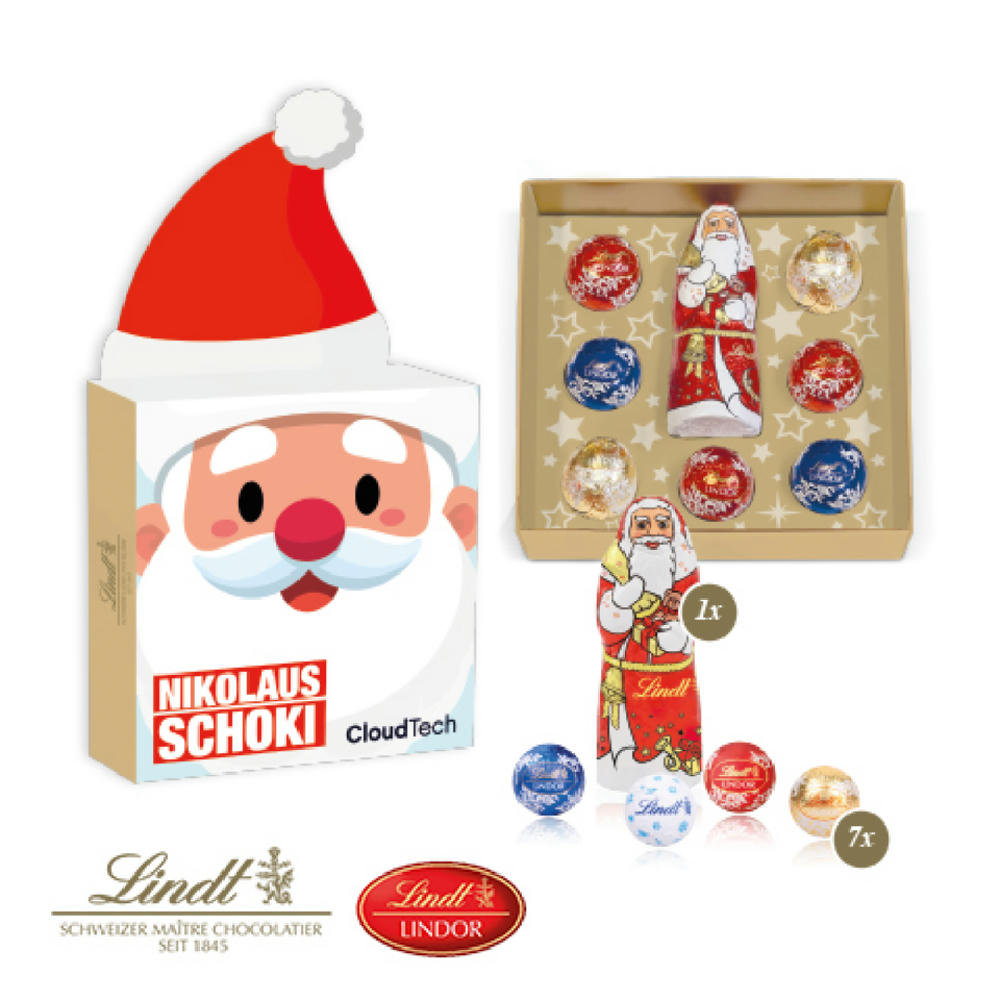 Schokoladenbox Himmlische Weihnachtszeit Nikolausmütze gefüllt mit Lindt Weihnachtsmann und 7 Lindt Minis in individuell bedruckbarer FSC® Werbekartonage