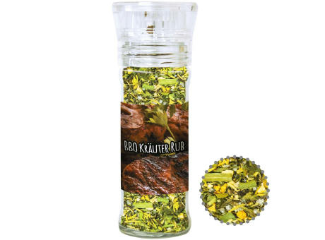 Gewürzmischung BBQ Kräuter Rub, ca. 30g, transparente Gewürzmühle Werbeartikel