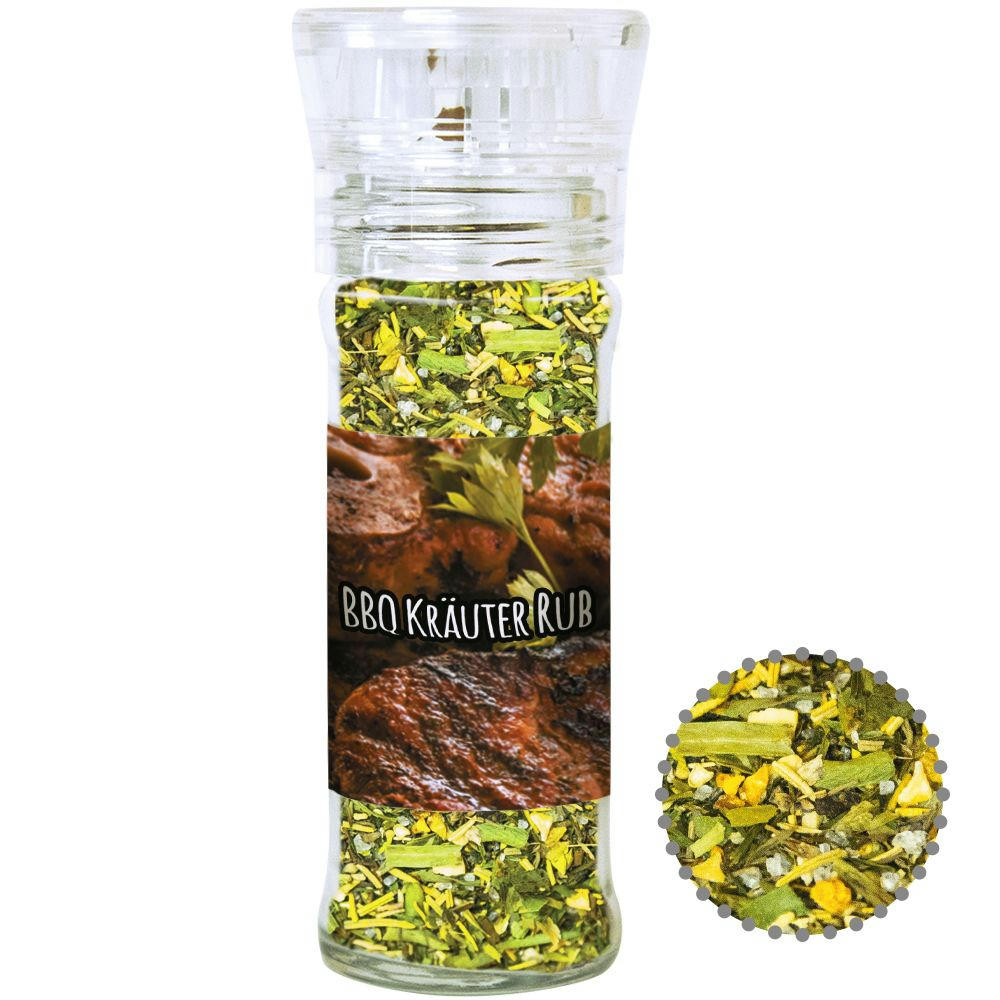 Product image Gewürzmischung BBQ Kräuter Rub, ca. 30g, transparente Gewürzmühle Werbeartikel