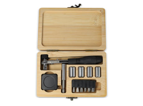 13-teiliges Werkzeugset in Bambusbox Werbeartikel