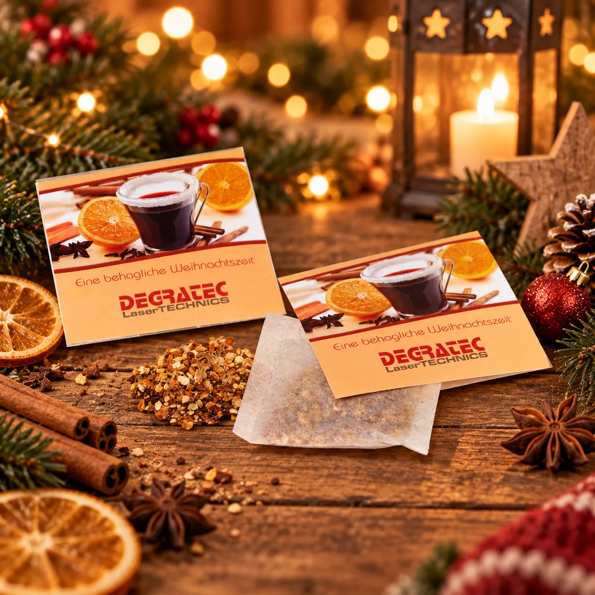 Glühwein-Päckchen mit Gewürzmischung und individuellem Werbeaufdruck als kleines Weihnachtsgeschenk