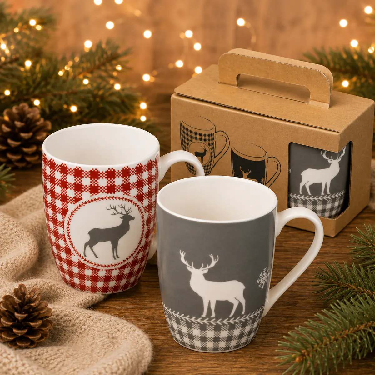 Zwei Weihnachtstassen mit Hirschmotiven und Geschenkbox als Werbegeschenk-Set für Kunden und Mitarbeiter
