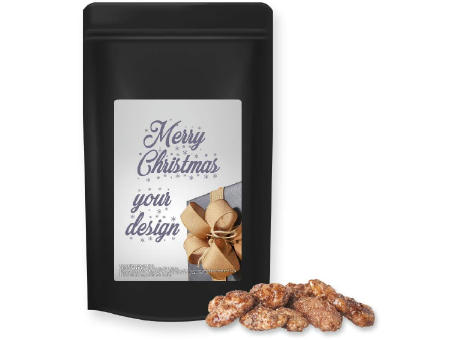 Feuergebrannte Mandeln, ca. 80g, Standbeutel Midi schwarz bedrucken