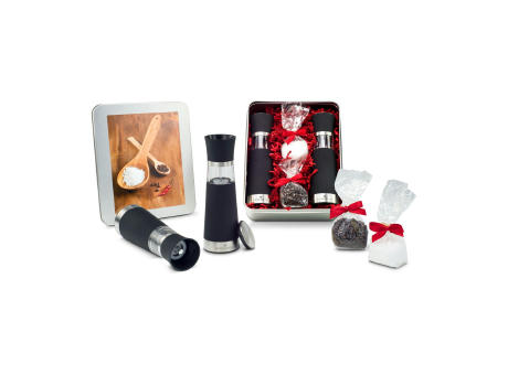 Geschenkset / Präsenteset: Salz- & Pfeffermühlen Set - in Silberdose Werbeartikel