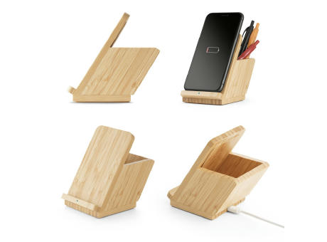 LEAVITT. Smartphone- und Kugelschreiberhalter mit 10W wireless Schnellladegerät aus Bambus bedrucken