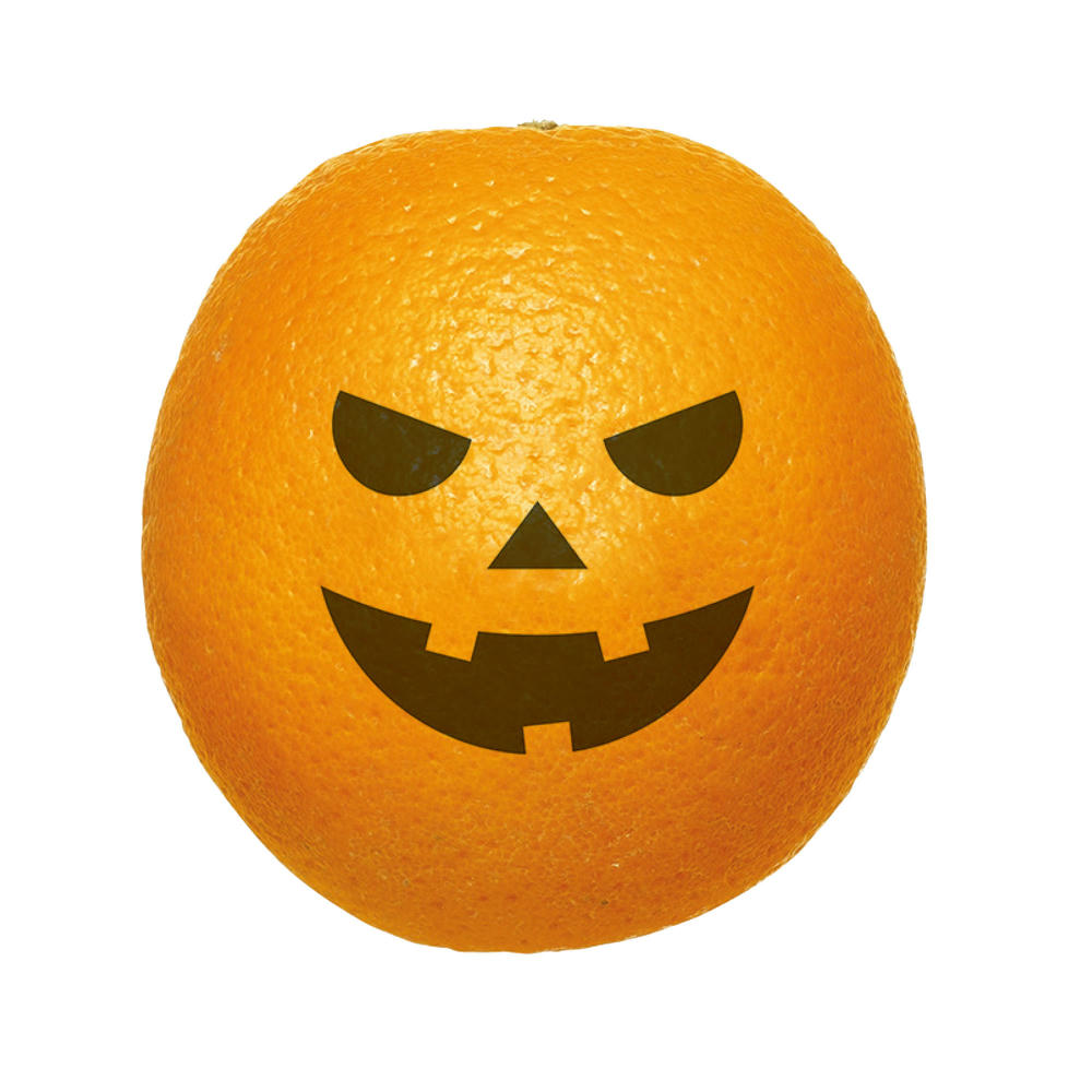 Product image LogoFrucht Qualitäts-Orange mit Kürbisgesicht Scary Jack Aufdruck in Blackberry als B2B-Werbeartikel zu Halloween