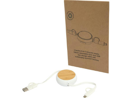 Chechia 100cm 5-in-1 Kabel aus recyceltem Kunststoff, einziehbar, für Datenübertragung und 45W Schnellladung mit Bambusdetails Werbeartikel