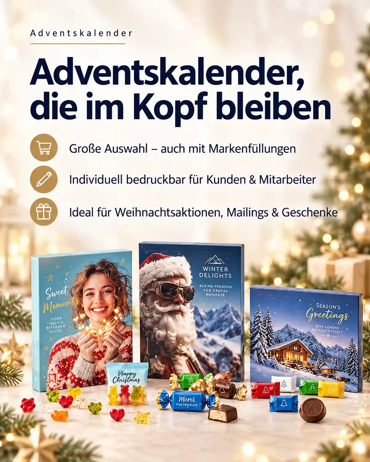 Adventskalender als Werbeartikel mit Logo und Markenfüllungen für Kunden und Mitarbeiter