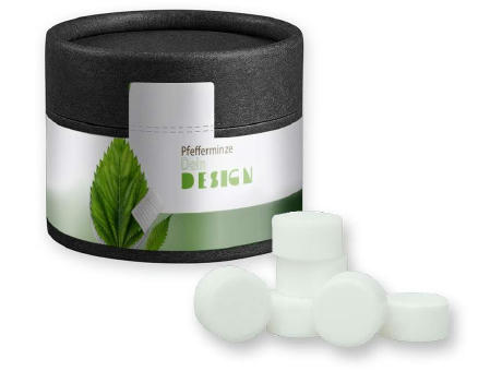 Pfefferminz Drops zuckerfrei, ca. 40g, Kraftpapierdose Mini schwarz Werbeartikel
