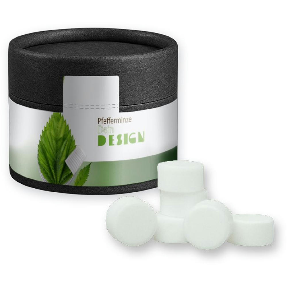Product image Pfefferminz Drops zuckerfrei, ca. 40g, Kraftpapierdose Mini schwarz Werbeartikel
