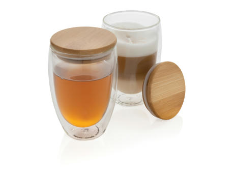 2-tlg Set Borosilikatgläser mit Bambusdeckel 350ml bedrucken