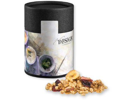 Product image Müsli Knusper Früchte, ca. 50g, Kraftpapierdose Midi schwarz Werbeartikel