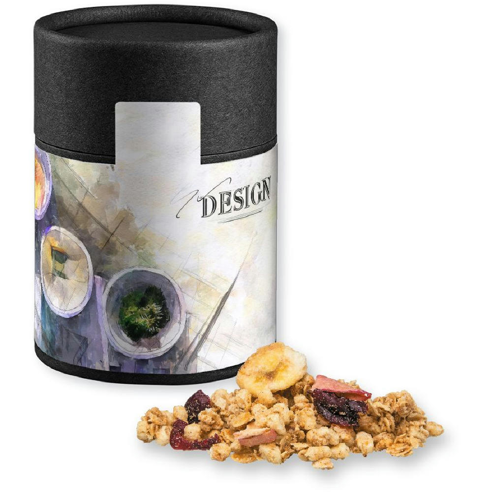 Product image Müsli Knusper Früchte, ca. 50g, Kraftpapierdose Midi schwarz Werbeartikel