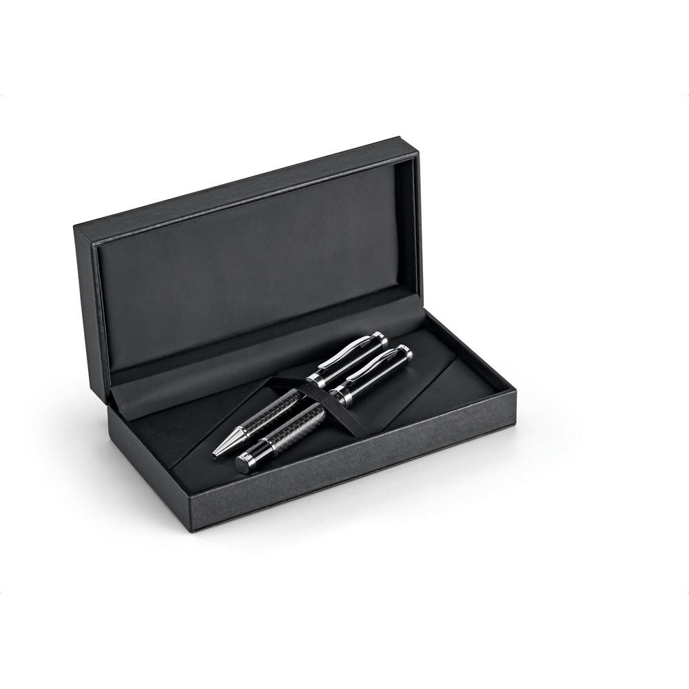 Product image CHESS. Schreibset mit Tintenroller und Kugelschreiber aus Metall und Carbonfaser mit Drehmechanik Werbeartikel