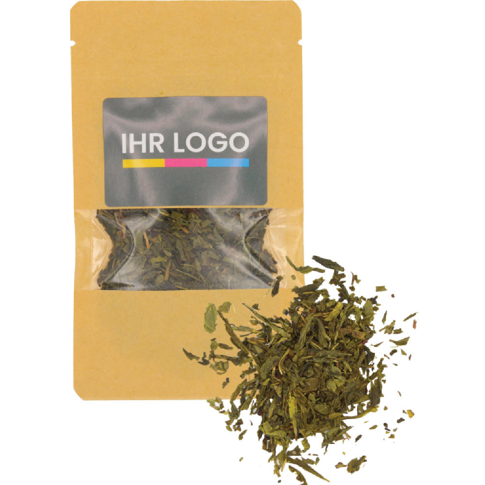 Grüner Tee verpackt im Doypack Beutel klein Natur Werbeartikel