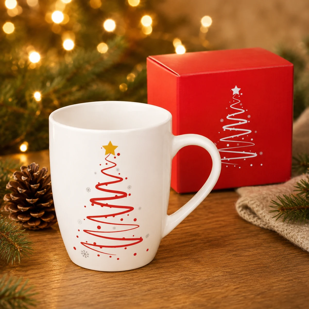 Weiße Keramiktasse mit Weihnachtsbaum und roter Geschenkbox als Werbegeschenk zu Weihnachten