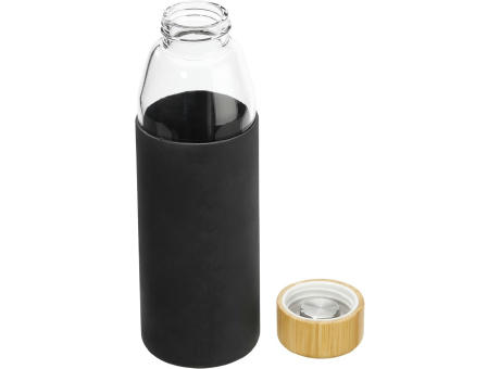 Product image Hitzebeständige Glas-Trinkflasche 0,5 l mit Bambusdeckel, Silikonmanschette und Geschenkbox bedrucken