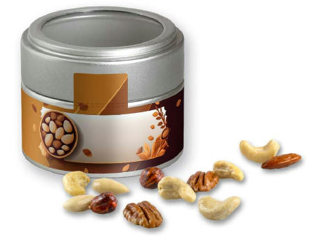 Product image NusskernMix, ca. 60g, Metalldose Mini mit Sichtfenster silber Werbeartikel