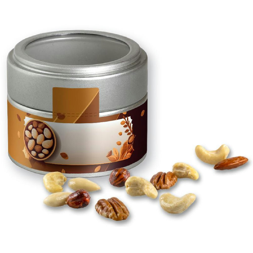 Product image NusskernMix, ca. 60g, Metalldose Mini mit Sichtfenster silber Werbeartikel
