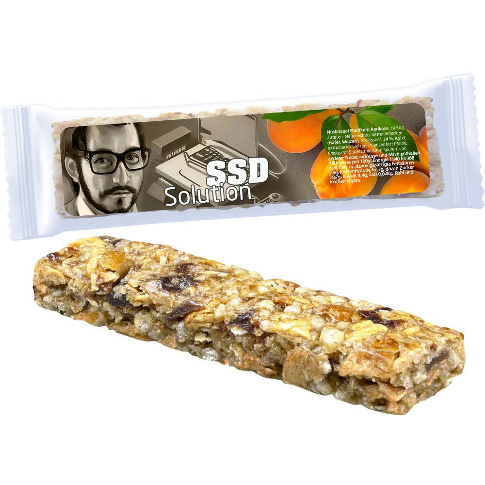 Product image Müsliriegel Multikorn-Aprikose, 30g, Express Flowpack mit Etikett Werbeartikel