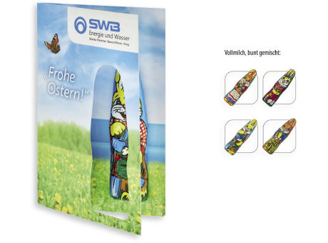 Product image Faltkarte mit individuellem Druck - Schokofigur, 1 Stück, Inhalt: Figur aus Edel-Vollmilchschokolade (Osterhase) Werbeartikel