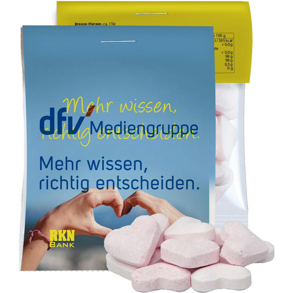 Brause-Herzen Mix Erdbeere und Wildkirsche, ca. 15g, Express Midi-Tüte mit Werbereiter Werbeartikel
