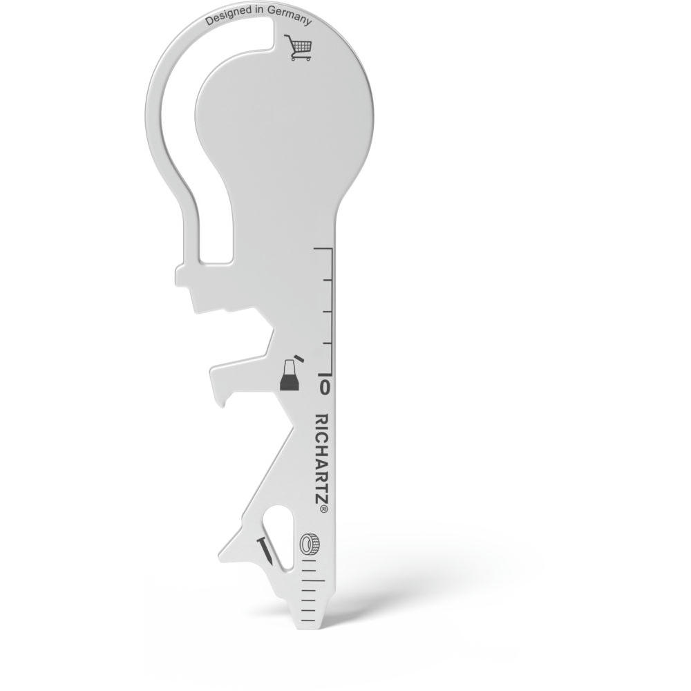 RICHARTZ SUPER KEY shop: Multitool in Schlüsselform mit Einkaufswagen-Symbol und Lineal – Werbeartikel mit Logo