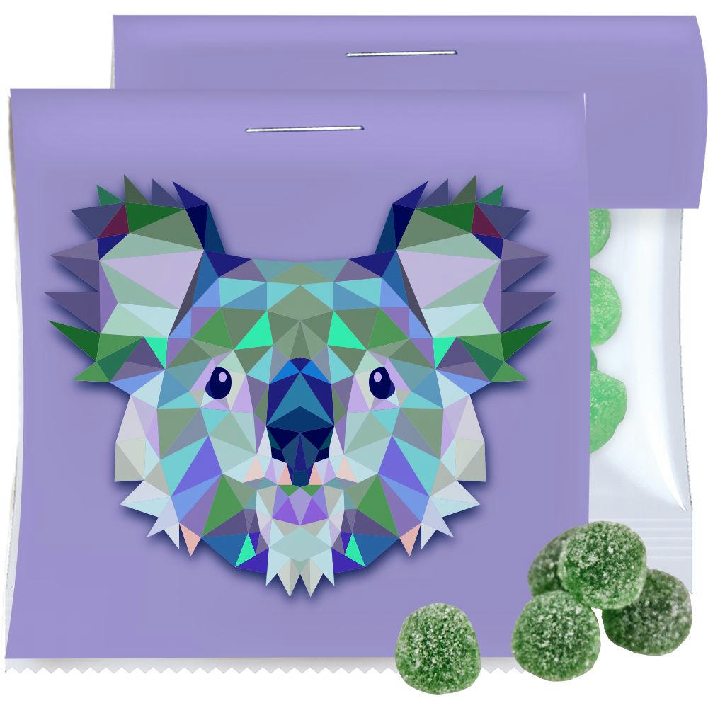 Eukalyptus Menthol Fruchtgummi mit Gelatine, ca. 30g, Express Maxi-Tüte mit Werbereiter Werbeartikel
