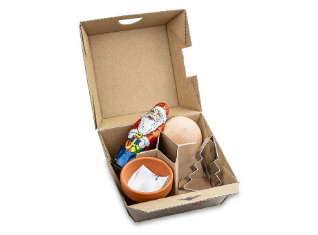 Geschenk-Set Xmas - V6 - Tontöpfchen mit Fichtensamen, Schoko-Nikolaus, Backförmchen Tannenbaum, Handschmeichler Werbeartikel