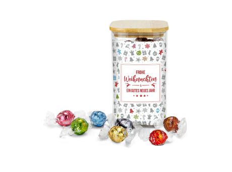 Geschenkset / Präsenteset: Lindor Team-Glas Frohe Weihnachten mit 35 Lindt Lindorkugeln Werbeartikel