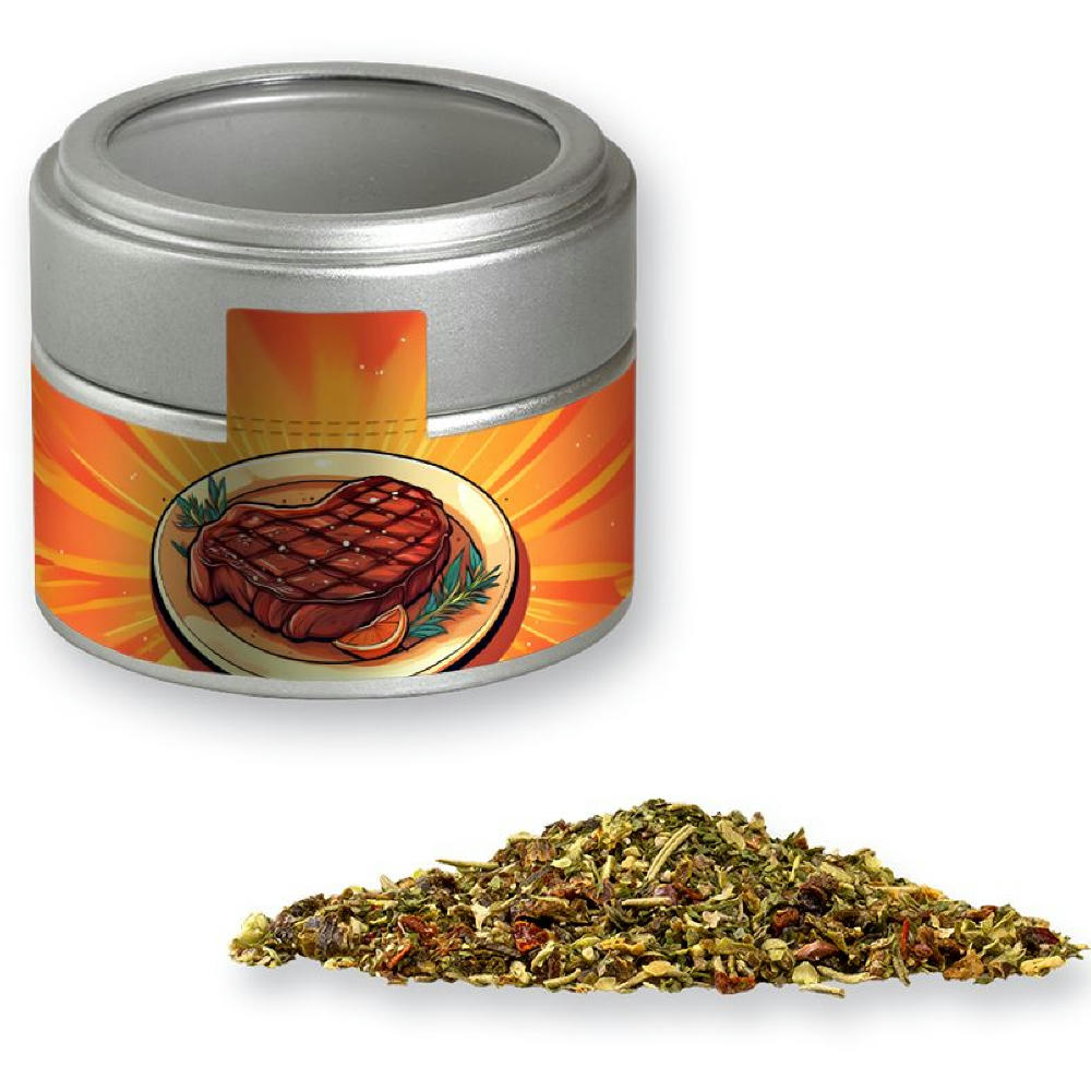 Gewürzmischung Steakgewürz, ca. 65g, Metalldose Mini mit Sichtfenster silber Werbeartikel