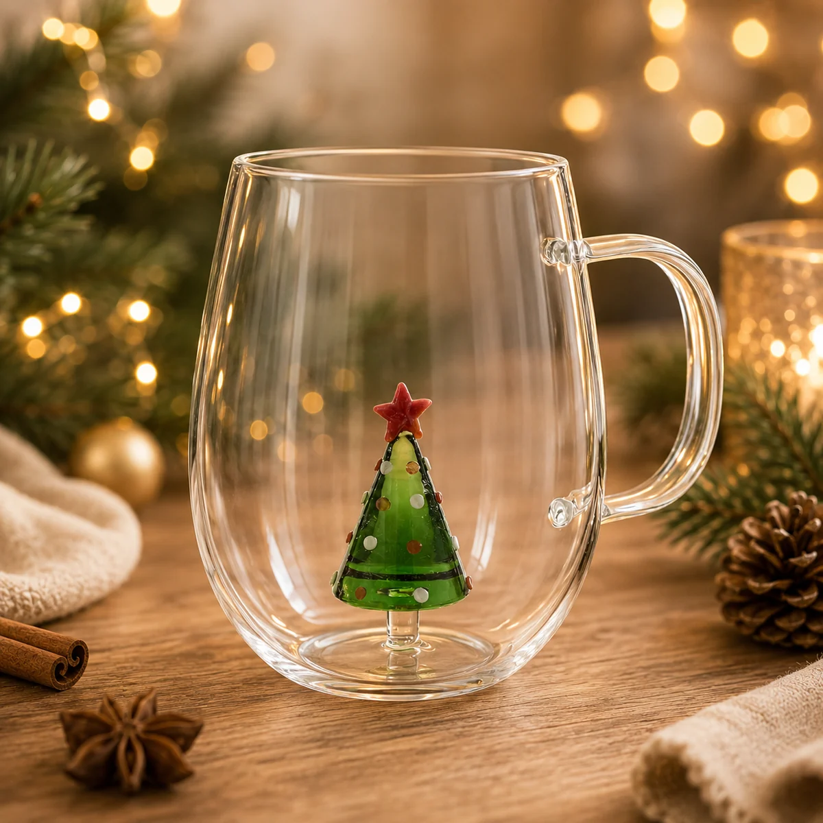 Transparenter Glasbecher mit dekorativem Weihnachtsbaum als saisonaler Werbeartikel für Unternehmen