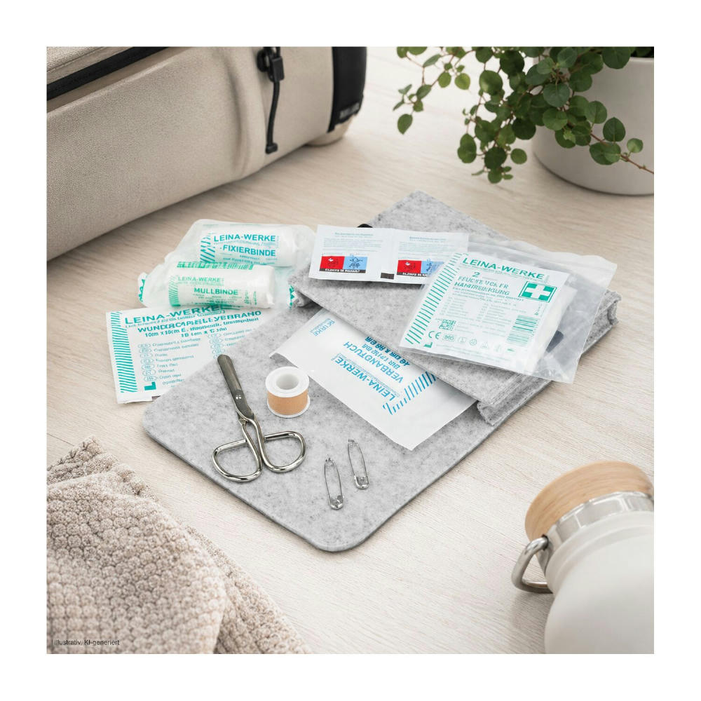 First Aid Kit in grauer Filztasche - Erste Hilfe Set, 12-teilig, deutsche Markenware Werbeartikel