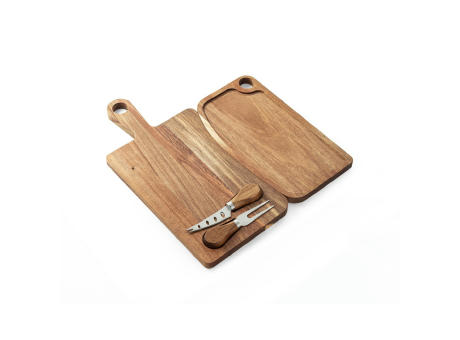 CASSIA. Käsebrett aus Akazienholz mit Griff, aus FSC™-zertifiziertem Material und anderen kontrollierten Materialien hergestellt Werbeartikel