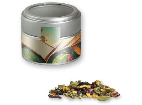 Ayurveda Relax-Tee, ca. 35g, Metalldose Mini mit Sichtfenster silber Werbeartikel