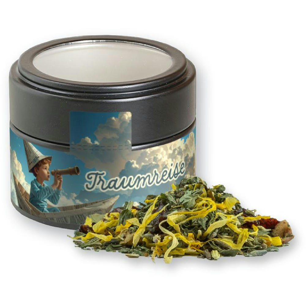 Kräutertee Lavendel, ca. 15g, Metalldose Mini mit Sichtfenster schwarz Werbeartikel
