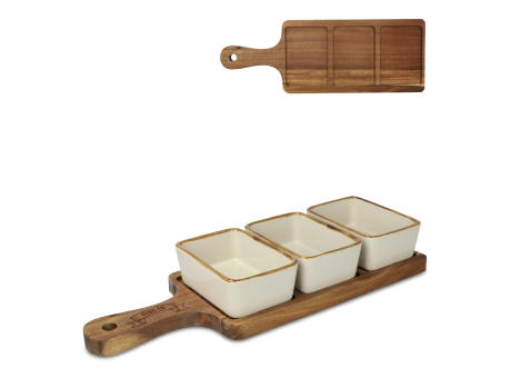 InSideOut Servierbrett aus Holz mit 3 Keramikschalen Werbeartikel
