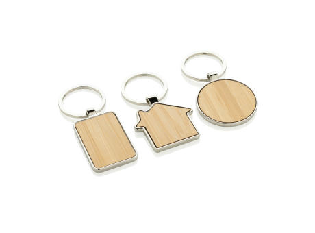 Schlüsselring Haus aus RCS rec. Zinklegierung mit Bambus Werbeartikel