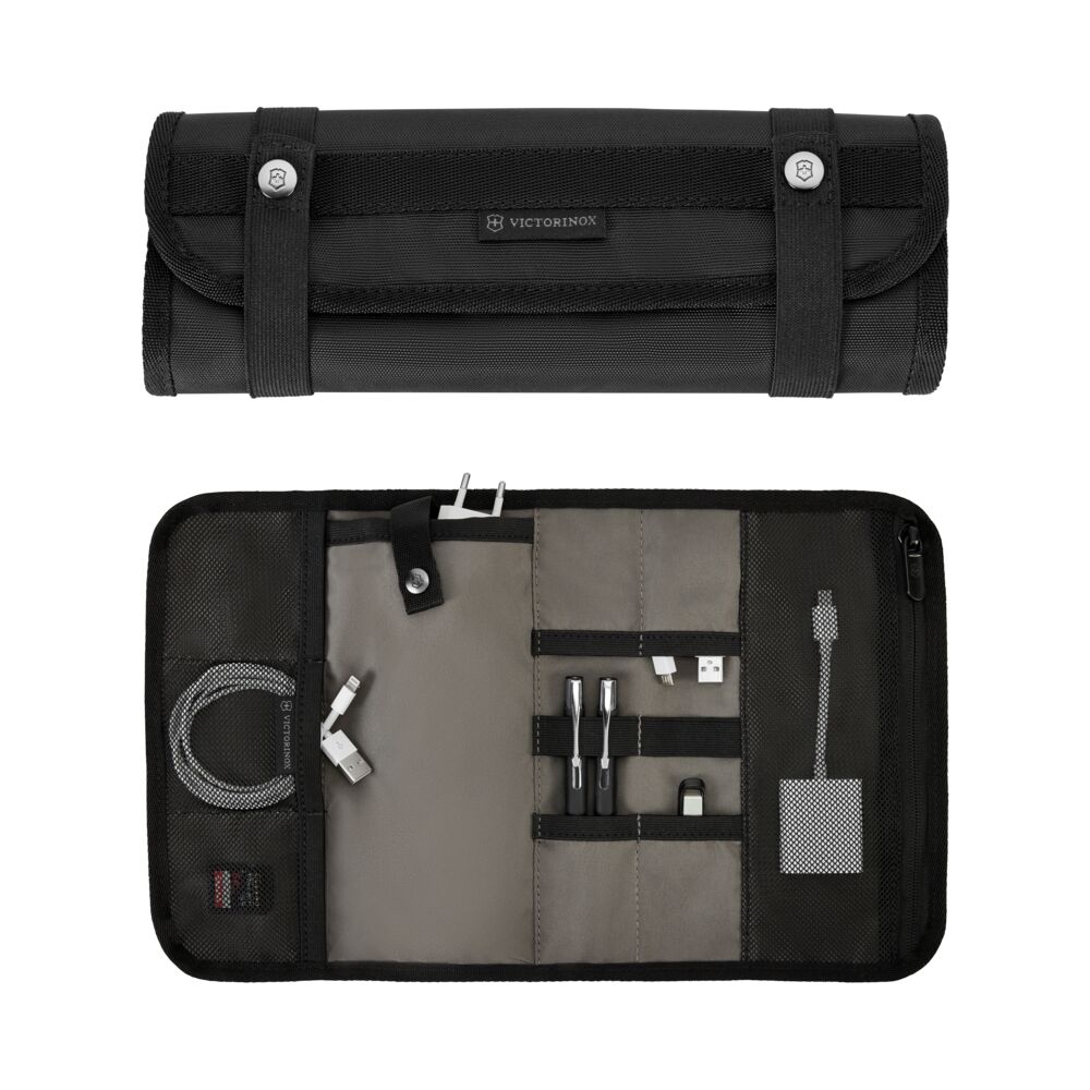 Victorinox Essential Organizer Black für den Altmont Professional Fliptop Laptop Backpack, geöffneter Organizer mit durchdachter Aufteilung für Kabel, Ladegeräte, Stifte und Zubehör, praktisches Organisationssystem für Business und Reisen.