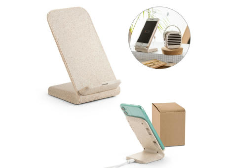 ENGLERT. Smartphone-Halter mit schnellem 10W wireless Ladegerät aus Recyceltes ABS (100% rABS) und Weizenstroh Werbeartikel