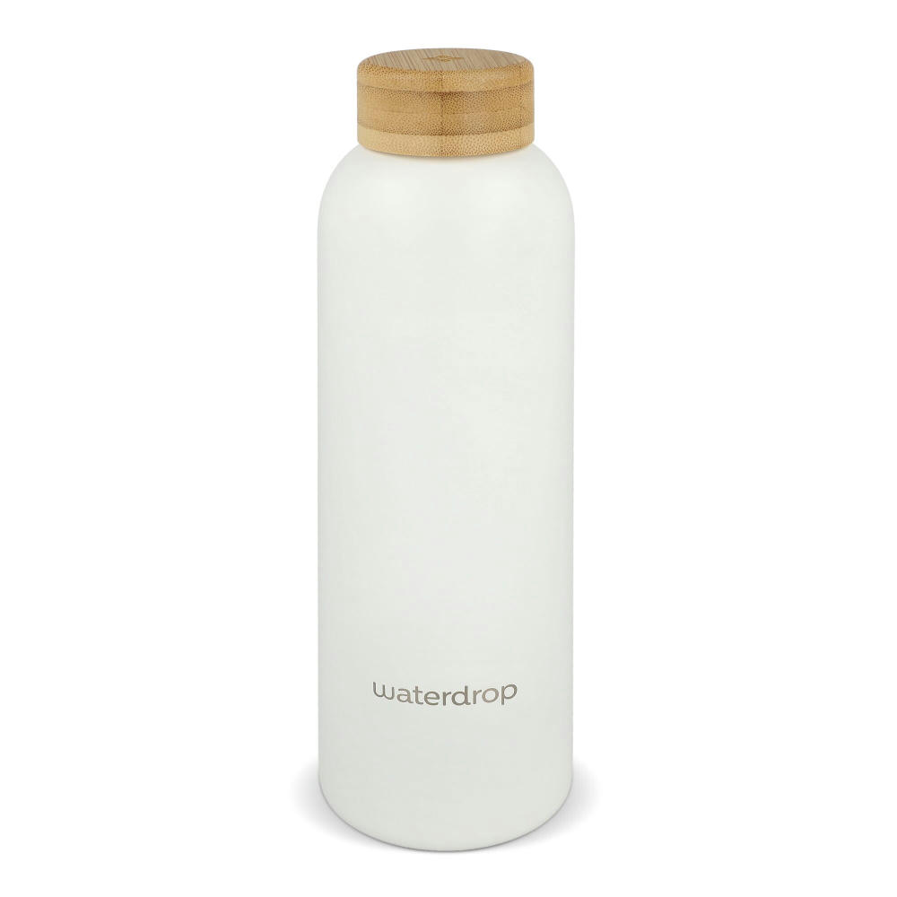 Waterdrop Edelstahlflasche mit Bambusdeckel 600 ml Werbeartikel