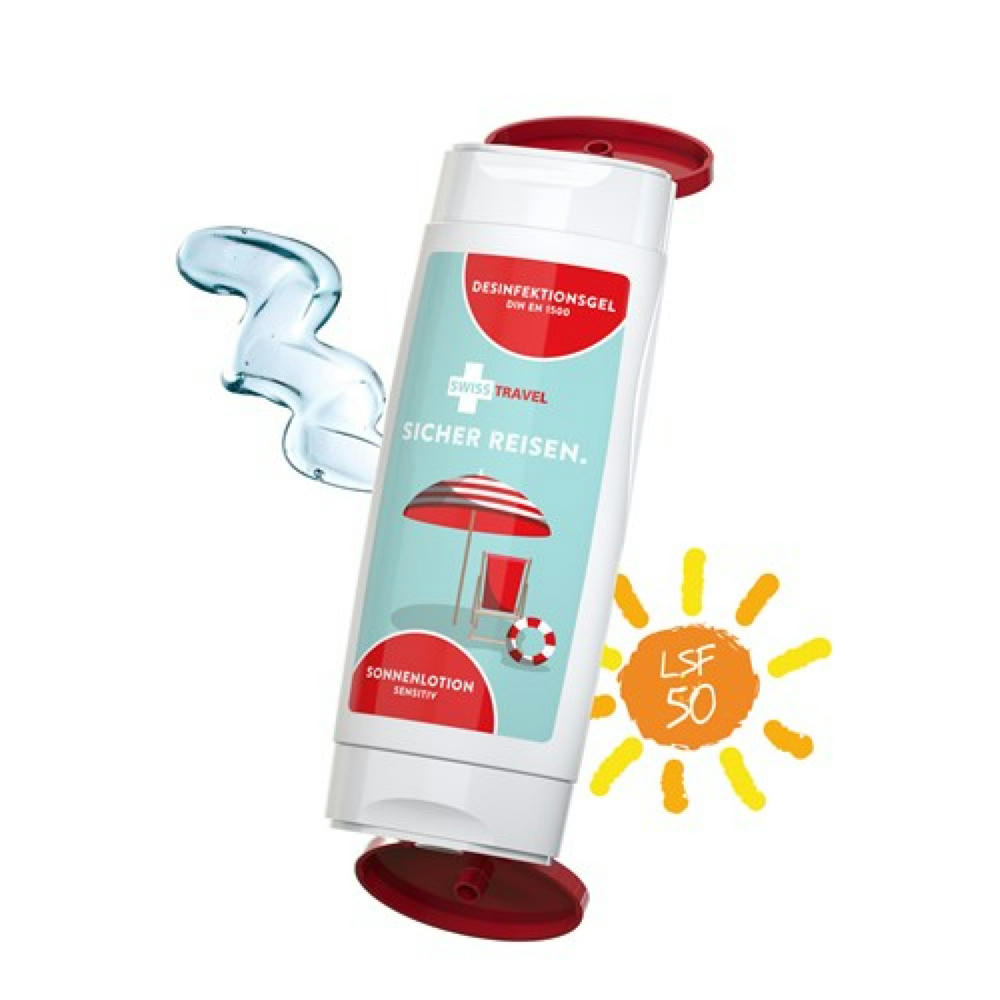 DuoPack Sonnenmilch LSF 50 (sensitiv) + Hände-Desinfektionsgel (DIN EN1500) (2 x 50 ml) Werbeartikel