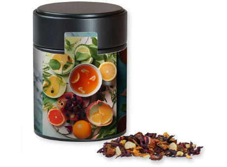 Product image Früchtetee gute Laune, ca. 60g, Metalldose Midi schwarz Werbeartikel