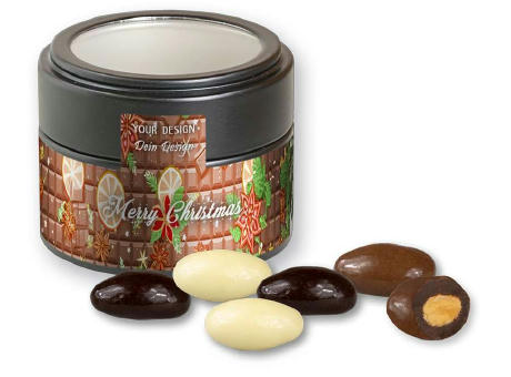 Product image Mandel-Schoko-Trio, ca. 60g, Metalldose Mini mit Sichtfenster schwarz bedrucken