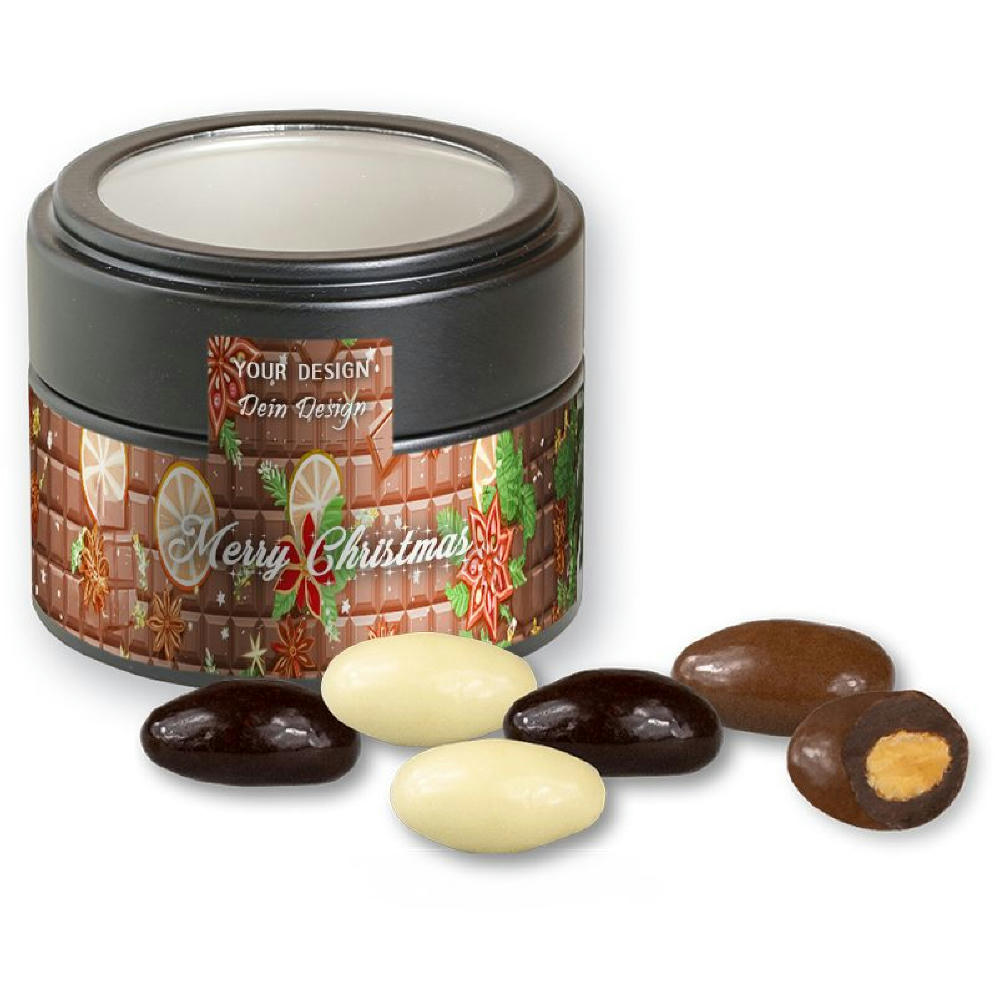 Product image Mandel-Schoko-Trio, ca. 60g, Metalldose Mini mit Sichtfenster schwarz Werbeartikel